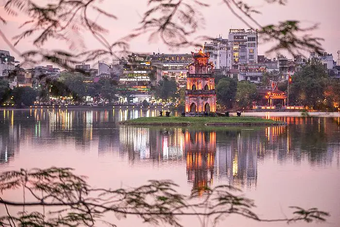 Hoan Kiem Lake, also known as Hồ Gươm, is a lake in the historical center of Hanoi, the capital city of Vietnam. The lake is one of the major scenic spots in the city and serves as a focal point for its public life. (Hanoi Attractions)