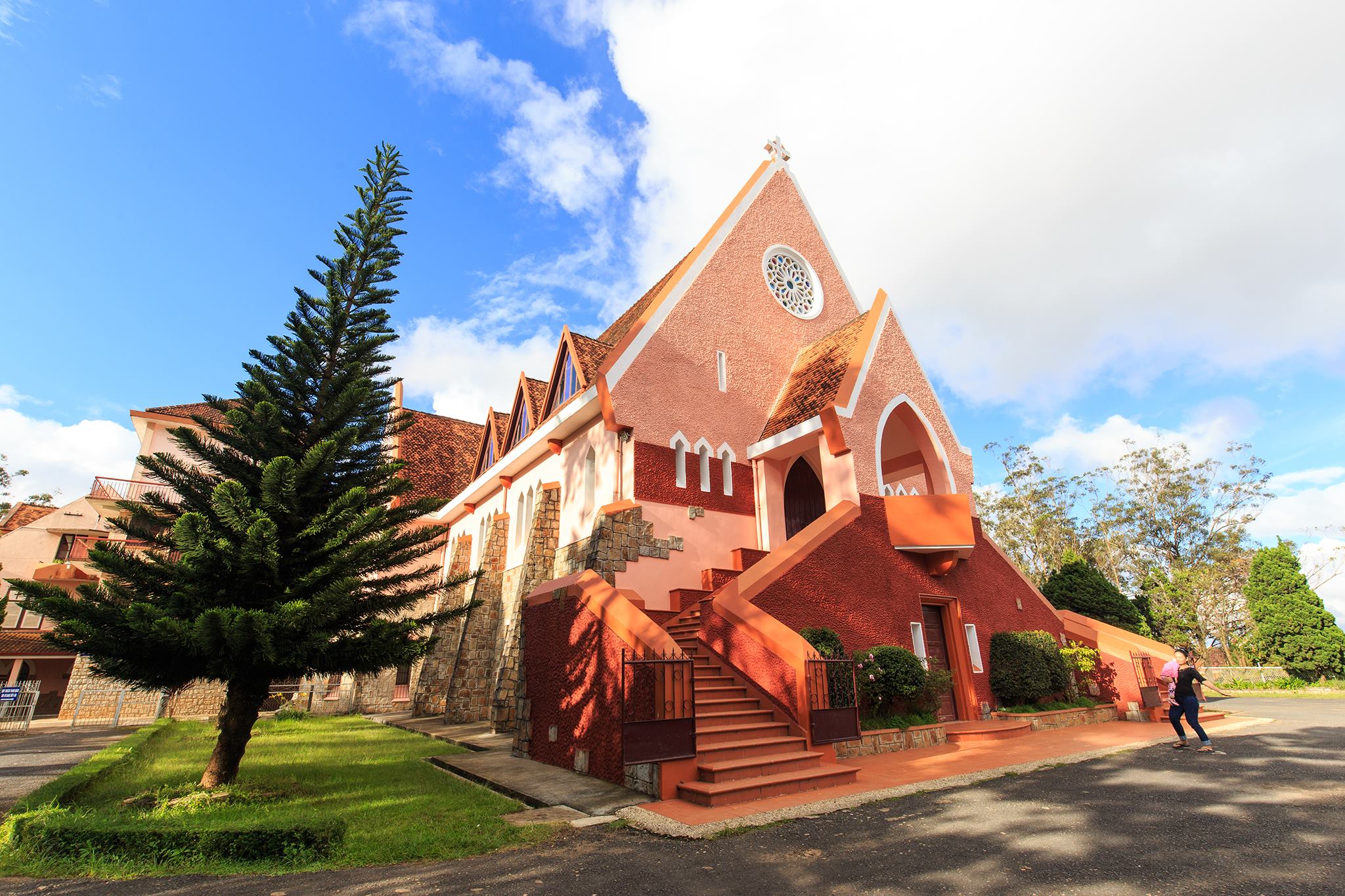 View of Domaine de Marie Church with its signature red exterior in Da Lat